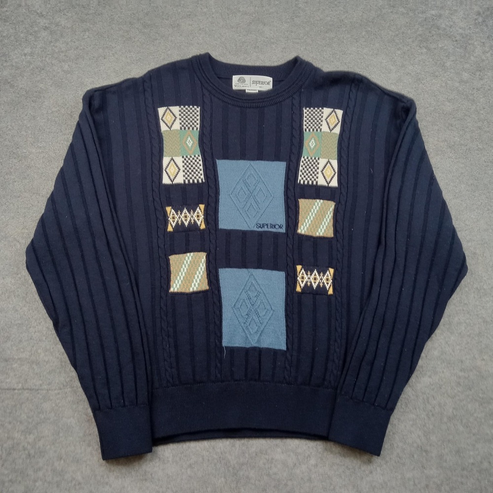Vintage Superior Sweater Mens XL Blue Wool Geometric Knit‎ Pullover 90s
